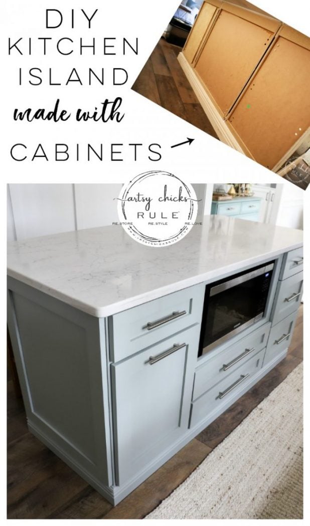 Build your very own DIY KITCHEN ISLAND with big box store cabinets!! Yep! And customize it to your liking and needs! Easier than you think! artsychicksrule.com #diykitchenisland #islandmakeover #blueisland