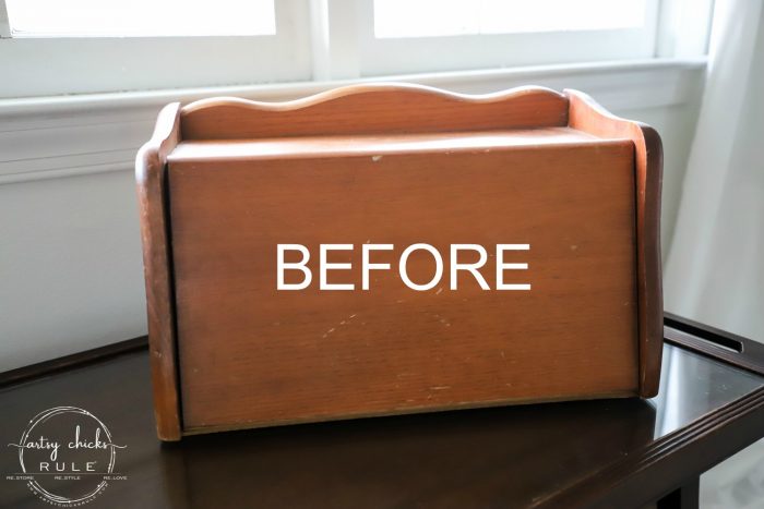 Repurposed Bread Box - Take Two!! So many uses besides bread! Great storage idea! artsychicksrule.com #repurposedbreadbox #breadboxmakeover #breadboxideas #storageideas 