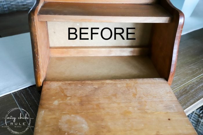 Repurposed Bread Box - Take Two!! So many uses besides bread! Great storage idea! artsychicksrule.com #repurposedbreadbox #breadboxmakeover #breadboxideas #storageideas 