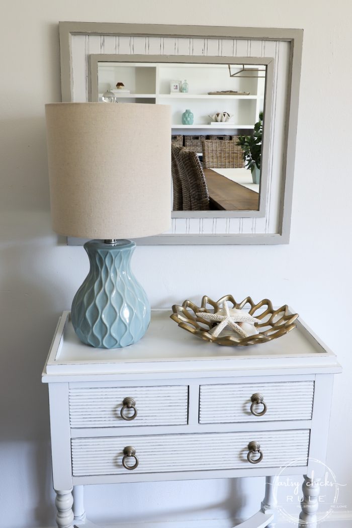 Coastal Style Thrift Store Mirror Makeover!! Budget friendly decor can be found at the thrift store. All you need is a little paint! artsychicksrule.com #thriftstoremakeovers #mirrormakeover #thriftymakeovers #painteddecor