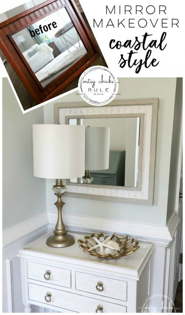 Coastal Style Thrift Store Mirror Makeover!! Budget friendly decor can be found at the thrift store. All you need is a little paint! artsychicksrule.com #thriftstoremakeovers #mirrormakeover #thriftymakeovers #painteddecor