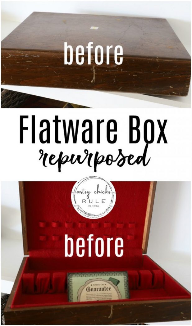 Old Flatware Box REPURPOSED To Keepsake Box!! Simple!! artsychicksrule.com #flatwarebox #silverwarebox #repurposedprojects #repurposedflatwarebox