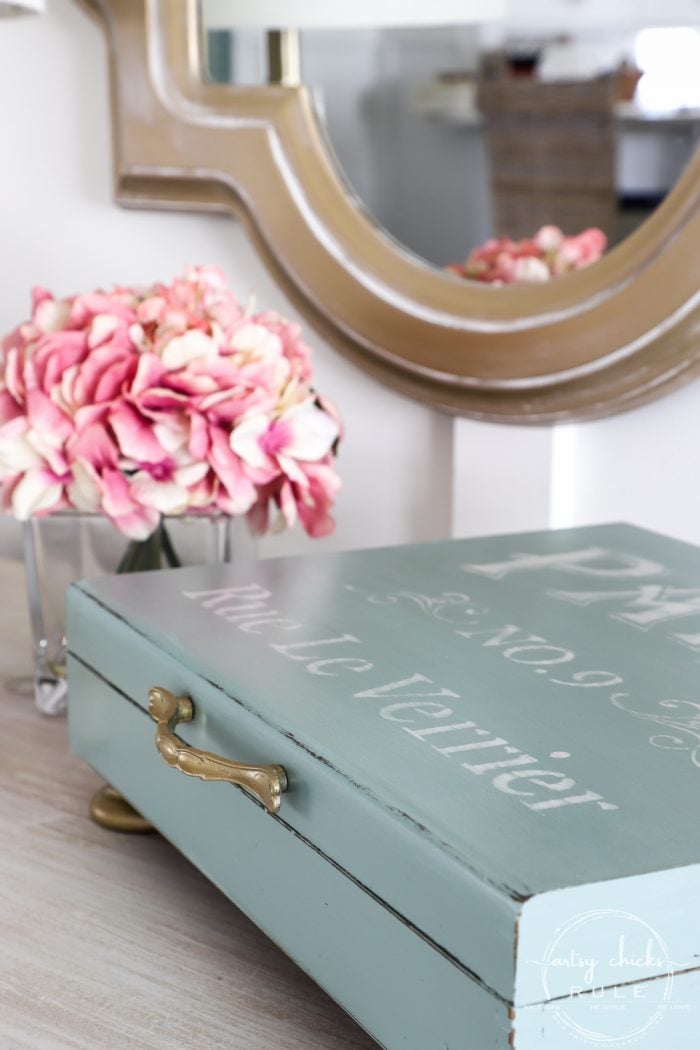 blue box with pink flowers and Paris graphics