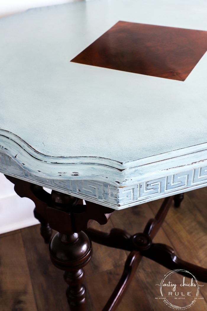 Simple Way To Add Dimension! Gorgeous Makeover with Rustoleum Chalked Paint Serenity Blue and 3 of my favorite products! artsychicksrule.com #rustoleumchalkedpaint #chalkpaint #furnituremakeovers #chalkpaintfurniture #serenityblue #gelstain #javagel