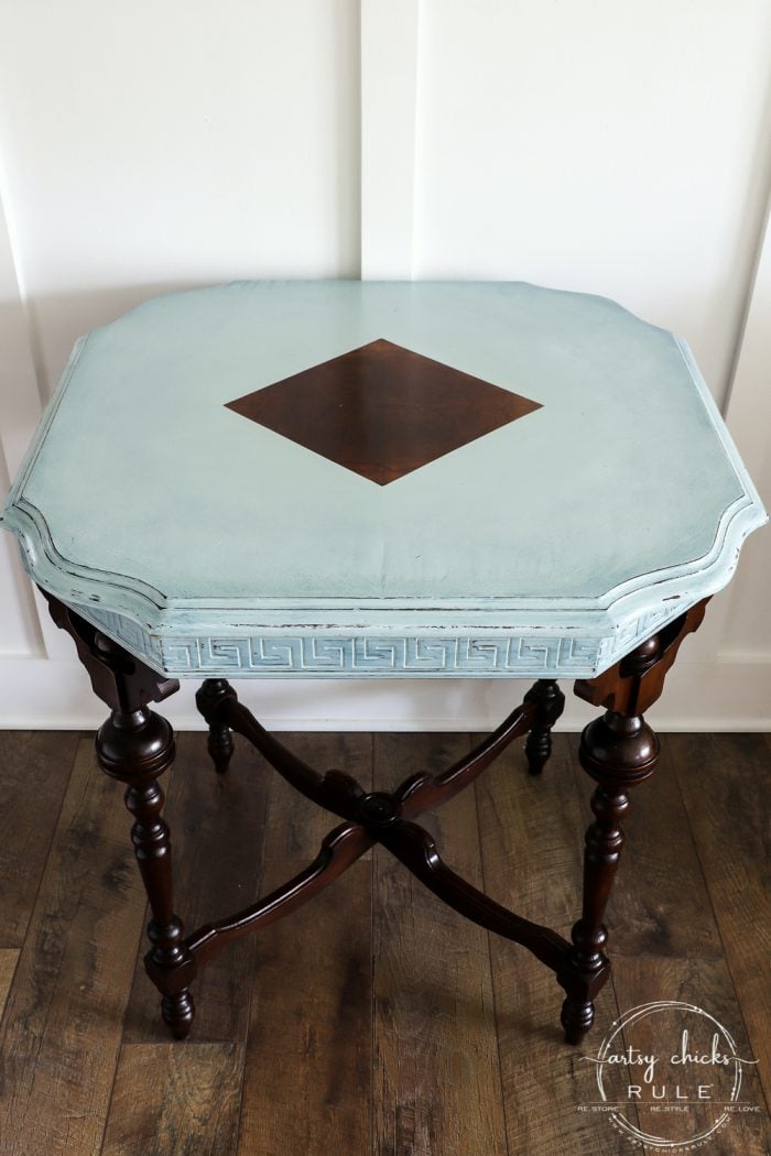 Simple Way To Add Dimension! Gorgeous Makeover with Rustoleum Chalked Paint Serenity Blue and 3 of my favorite products! artsychicksrule.com #rustoleumchalkedpaint #chalkpaint #furnituremakeovers #chalkpaintfurniture #serenityblue #gelstain #javagel