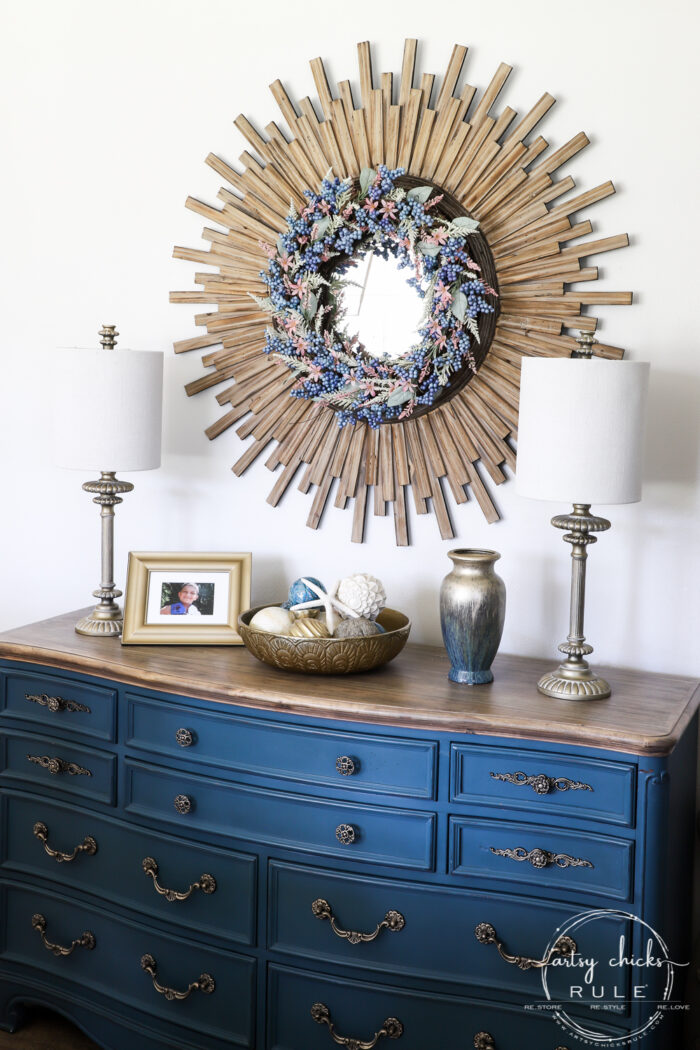 Simple Spring Decorations & Ideas blue dresser with pink and blue wreath artsychicksrule.com