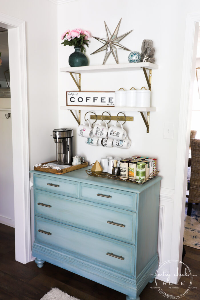 Simple Spring Decorations & Ideas - Coffee Bar Aqua dresser with pink flowers artsychicksrule.com