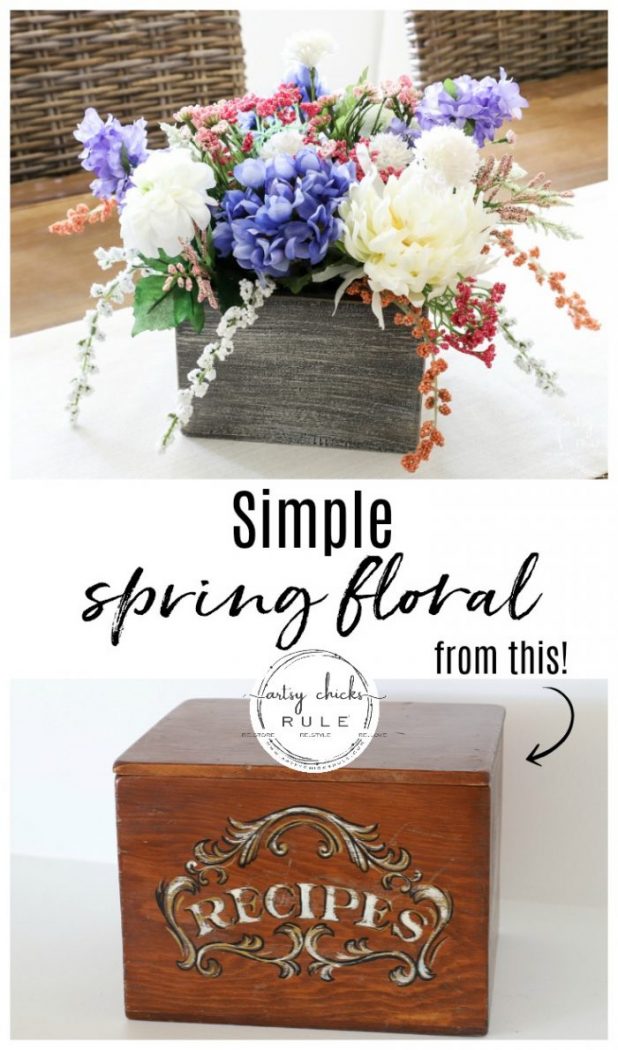 Simple Spring Floral Arrangement - Using an old thrift store find! artsychicksrule.com #springfloralarrangement #springflowers #flowerarrangement #springdecorideas #springdecor