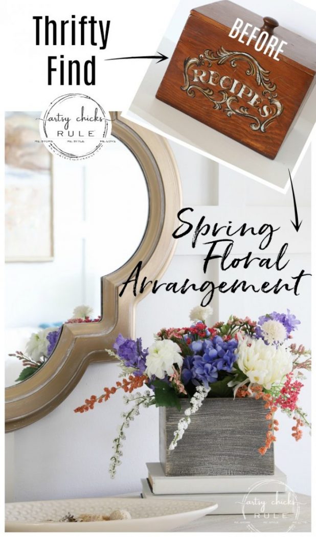 Simple Spring Floral Arrangement - Using an old thrift store find! artsychicksrule.com #springfloralarrangement #springflowers #flowerarrangement #springdecorideas #springdecor