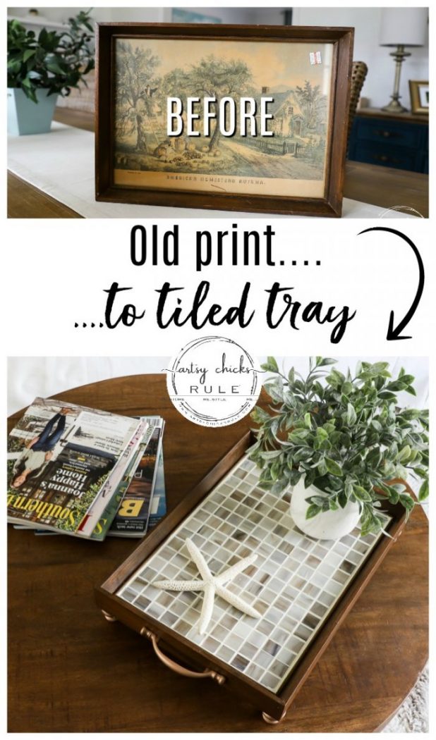 Thrift Store Makeover with TILE!! Simple makeover using an old, framed print. Just add hardware and cute little feet! artsychicksrule.com #tiledtray #tileprojects #thriftstoremakeover #thriftydecor