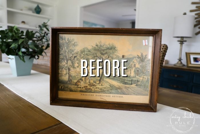 Thrift Store Makeover with TILE!! Simple makeover using an old, framed print. Just add hardware and cute little feet! artsychicksrule.com #tiledtray #tileprojects #thriftstoremakeover #thriftydecor