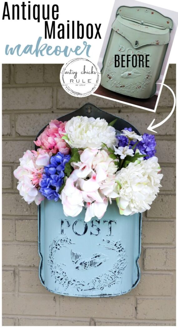 This sweet antique mailbox makes the perfect spot for spring flowers!! Even if it's the wrong color! Just paint it! artsychicksrule.com #antiquemailbox #springflowerideas #springfloralarrangement