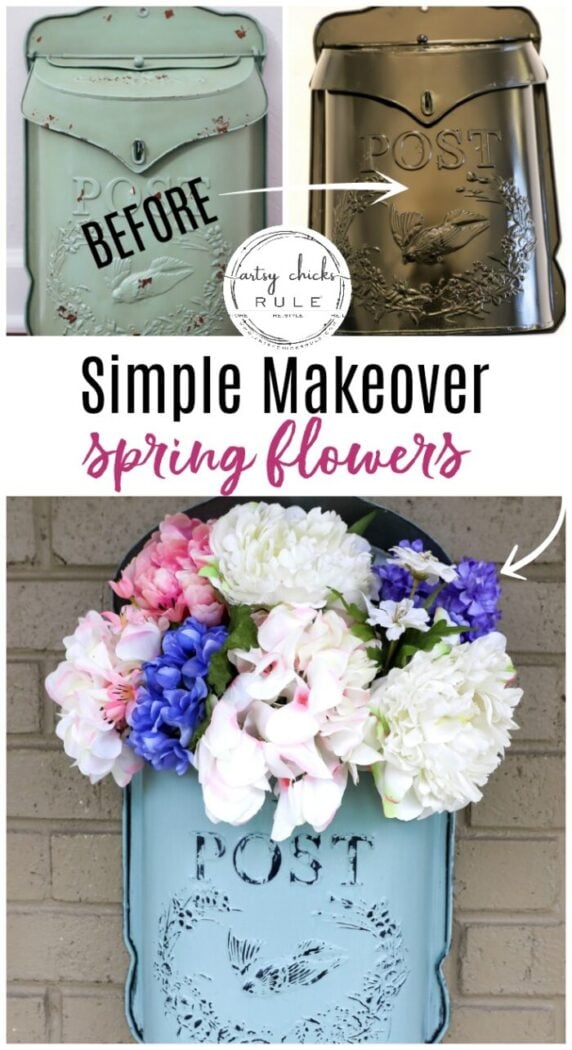 This sweet antique mailbox makes the perfect spot for spring flowers!! Even if it's the wrong color! Just paint it! artsychicksrule.com #antiquemailbox #springflowerideas #springfloralarrangement