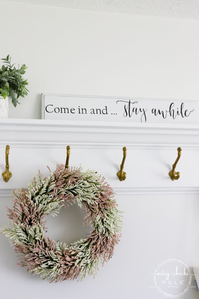 DIY Sign and pink and white wreath with coat rack artsychicksrule.com