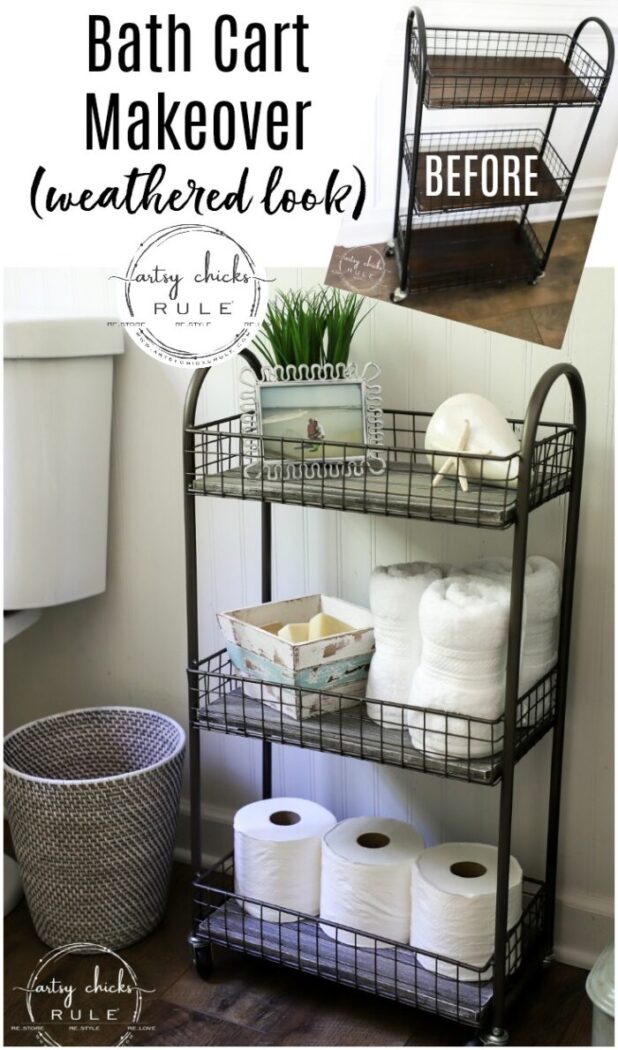 3 shelf bath cart with toilet paper and towels