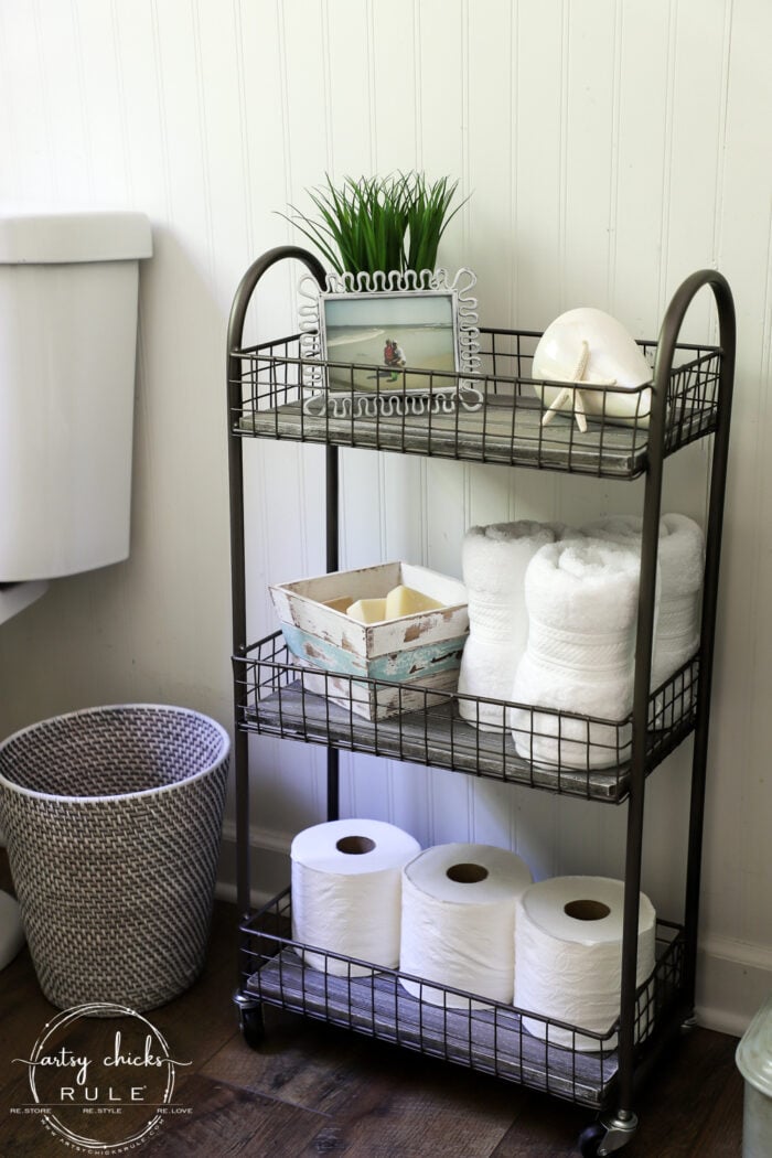 Freshen up your old decor with a little paint for a brand new look! This bath cart got a weathered wood finish, simply!