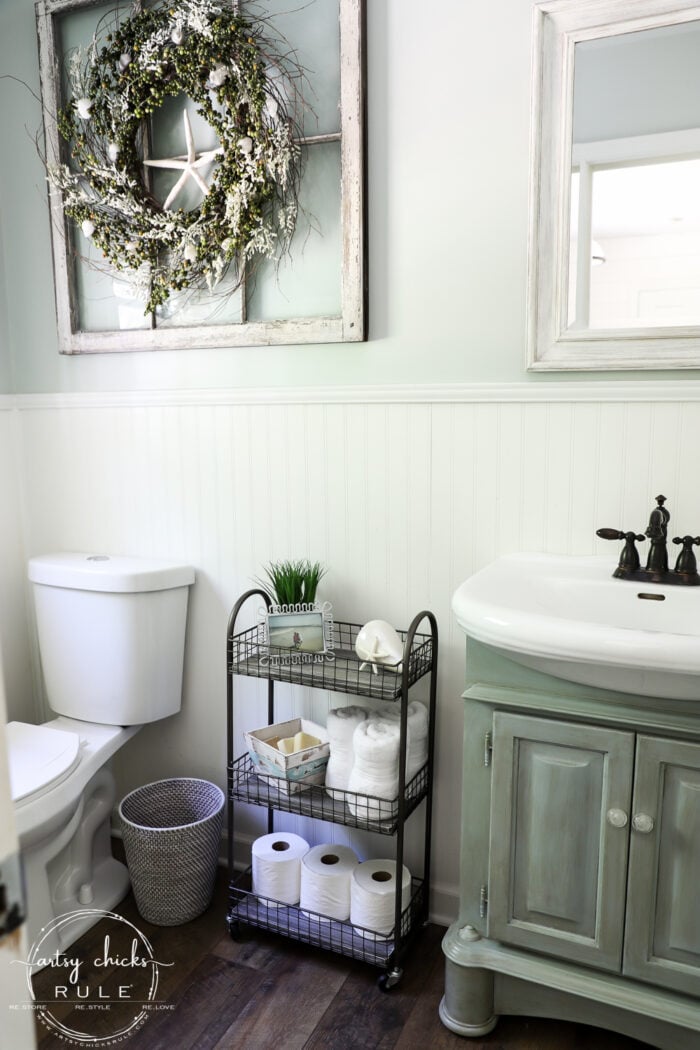 Freshen up your old decor with a little paint for a brand new look! This bath cart got a weathered wood finish, simply!