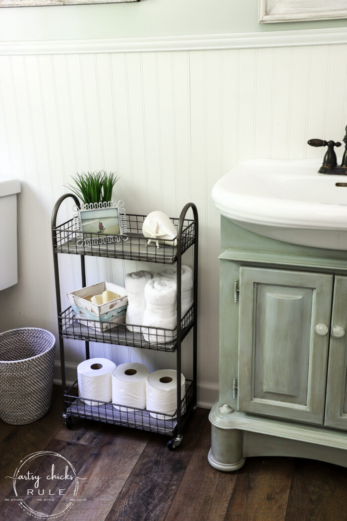 Freshen up your old decor with a little paint for a brand new look! This bath cart got a weathered wood finish, simply!