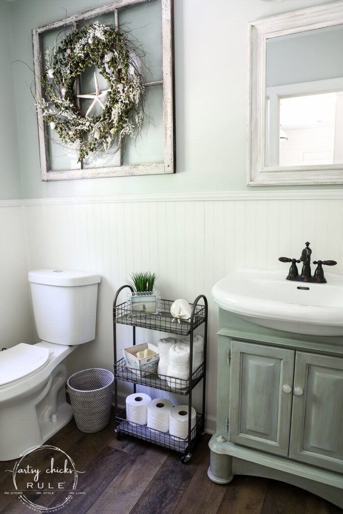 Freshen up your old decor with a little paint for a brand new look! This bath cart got a weathered wood finish, simply!