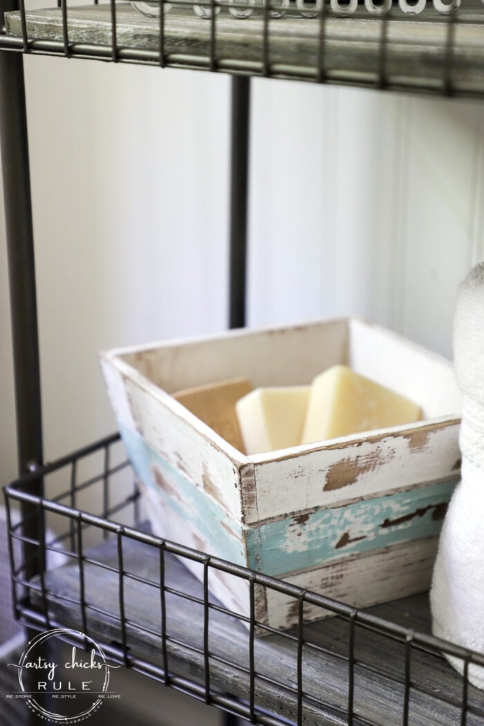 Freshen up your old decor with a little paint for a brand new look! This bath cart got a weathered wood finish, simply!