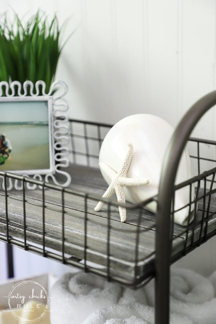 Freshen up your old decor with a little paint for a brand new look! This bath cart got a weathered wood finish, simply!