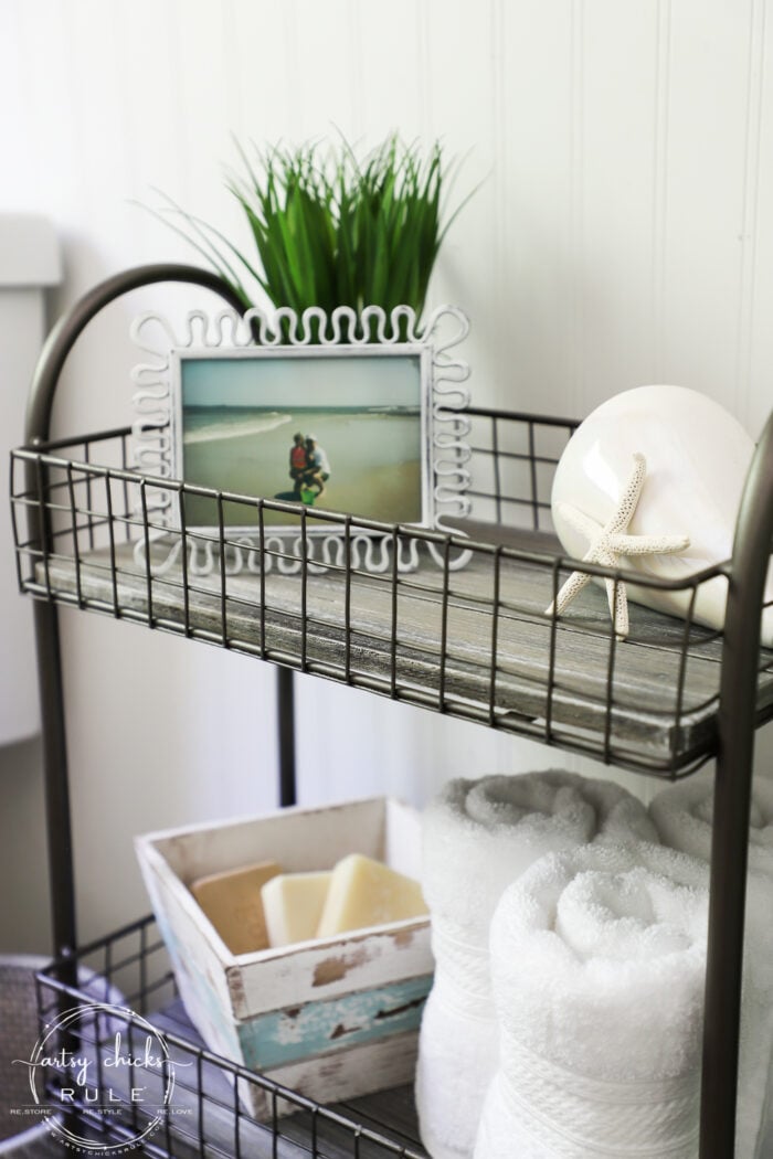 Freshen up your old decor with a little paint for a brand new look! This bath cart got a weathered wood finish, simply!