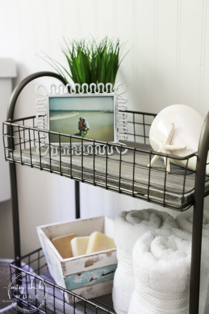 Freshen up your old decor with a little paint for a brand new look! This bath cart got a weathered wood finish, simply!