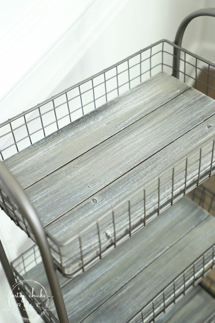 Freshen up your old decor with a little paint for a brand new look! This bath cart got a weathered wood finish, simply!