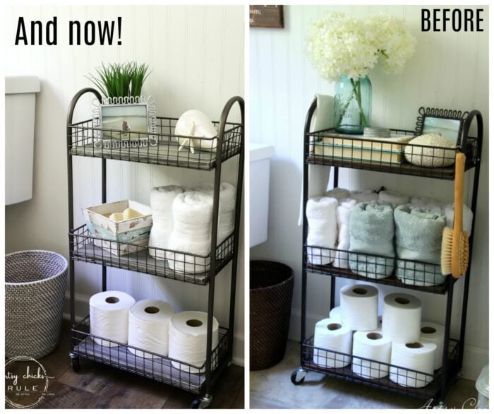 Freshen up your old decor with a little paint for a brand new look! This bath cart got a weathered wood finish, simply!