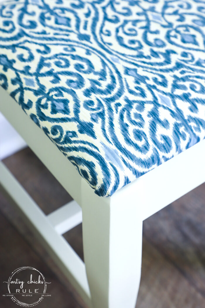 This dressing chair got a brand new makeover, so simply and quickly! With the right tools, you can do the same in one afternoon's time! #artsychicksrule.com #furnituremakeover #dressingchair #bluefabric #blueandwhitefurniture