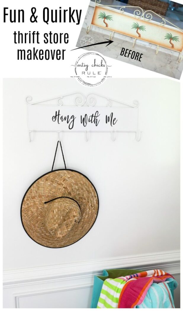 Make this simple, fun & quirky "Hang With Me" sign and hook rack out of any old thrift store find for budget friendly decor! #artsychicksrule.com #hangwithme #hookrack #diysign #hangingsign