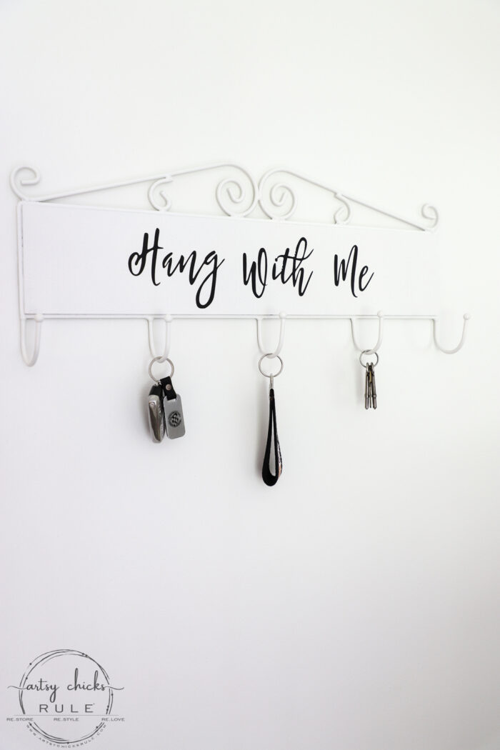 Make this simple, fun & quirky "Hang With Me" sign and hook rack out of any old thrift store find for budget friendly decor! #artsychicksrule.com #hangwithme #hookrack #diysign #hangingsign