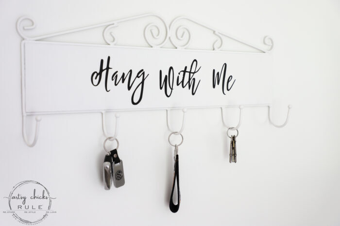 Make this simple, fun & quirky "Hang With Me" sign and hook rack out of any old thrift store find for budget friendly decor! #artsychicksrule.com #hangwithme #hookrack #diysign #hangingsign