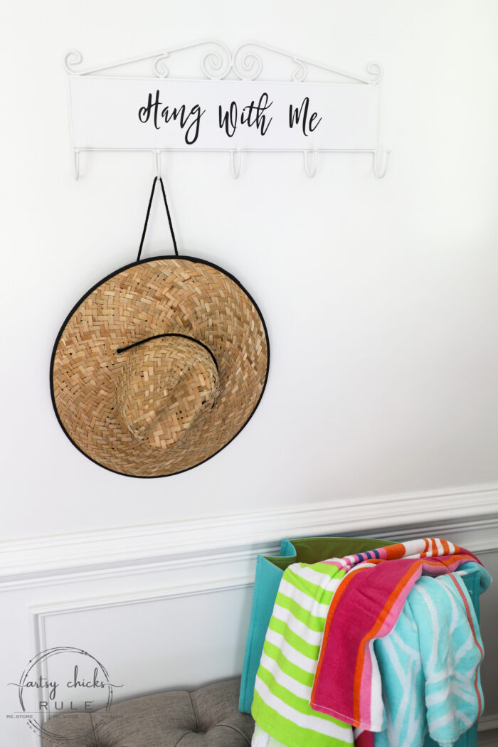 Make this simple, fun & quirky "Hang With Me" sign and hook rack out of any old thrift store find for budget friendly decor! #artsychicksrule.com #hangwithme #hookrack #diysign #hangingsign