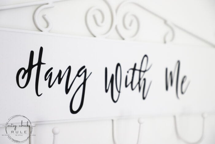 Make this simple, fun & quirky "Hang With Me" sign and hook rack out of any old thrift store find for budget friendly decor! #artsychicksrule.com #hangwithme #hookrack #diysign #hangingsign