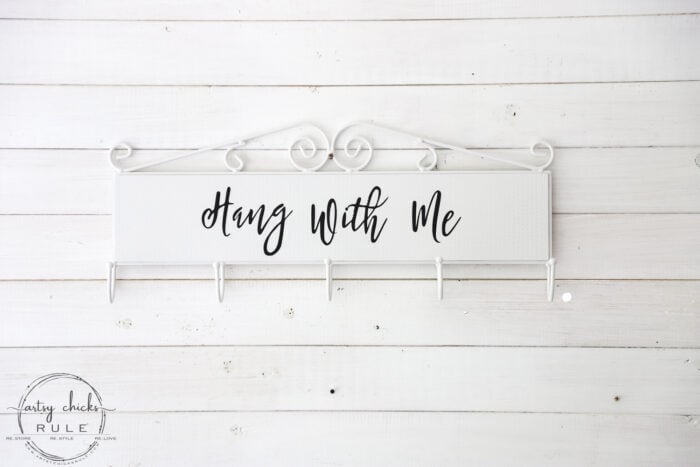 Make this simple, fun & quirky "Hang With Me" sign and hook rack out of any old thrift store find for budget friendly decor! #artsychicksrule.com #hangwithme #hookrack #diysign #hangingsign