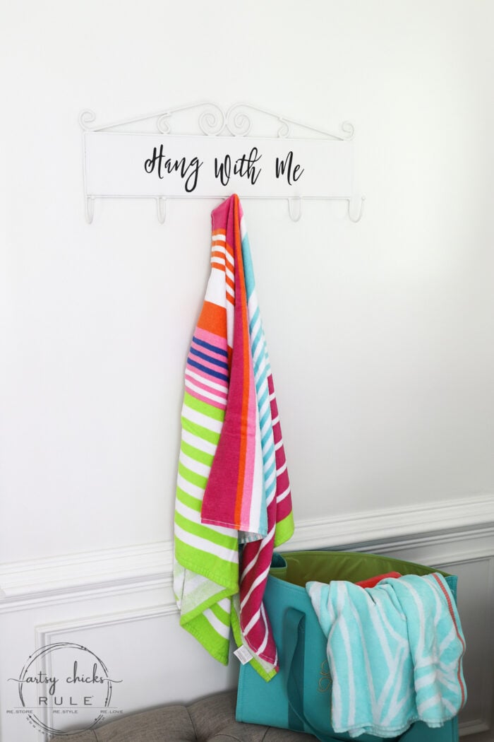 Make this simple, fun & quirky "Hang With Me" sign and hook rack out of any old thrift store find for budget friendly decor! #artsychicksrule.com #hangwithme #hookrack #diysign #hangingsign