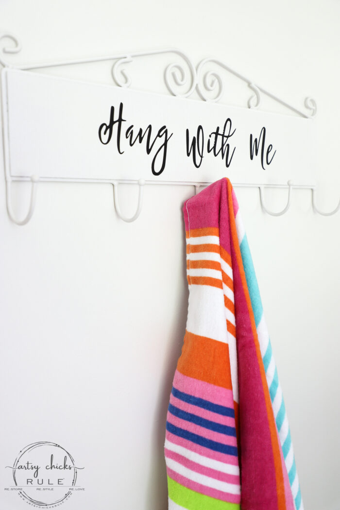 Make this simple, fun & quirky "Hang With Me" sign and hook rack out of any old thrift store find for budget friendly decor! #artsychicksrule.com #hangwithme #hookrack #diysign #hangingsign