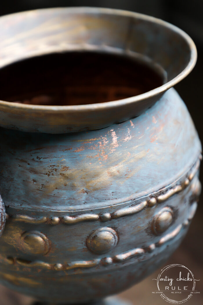 close up of gold and copper... This simple faux PATINA FINISH is done in no time! So easy! Add it to anything at all! artsychicksrule.com #fauxpatina #patinafinish #howtopatina #fauxfinishes