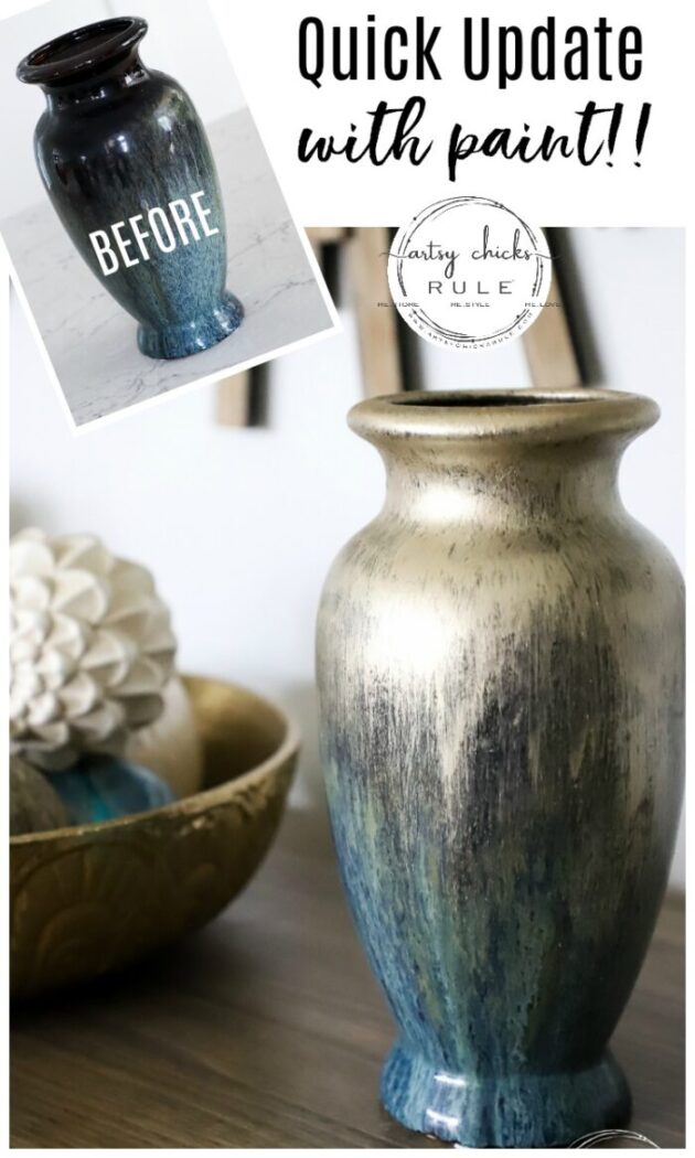 Thrifty find? Not the right color? Add a little paint and make it yours! This painted vase got a brand new look with a dash of gold paint. artsychicksrule.com #paintedvase #goldvase #blueandgold #craftymakeover #budgetdecor