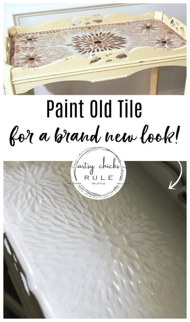 This old thrift store table had a dated tiled top! SO simply updated by painting!! The painted tiles look amazing now! artsychicksrule.com #paintedtile #paintingtiles #chalkpaintedfurniture #paintedfurniture #whitefurniture