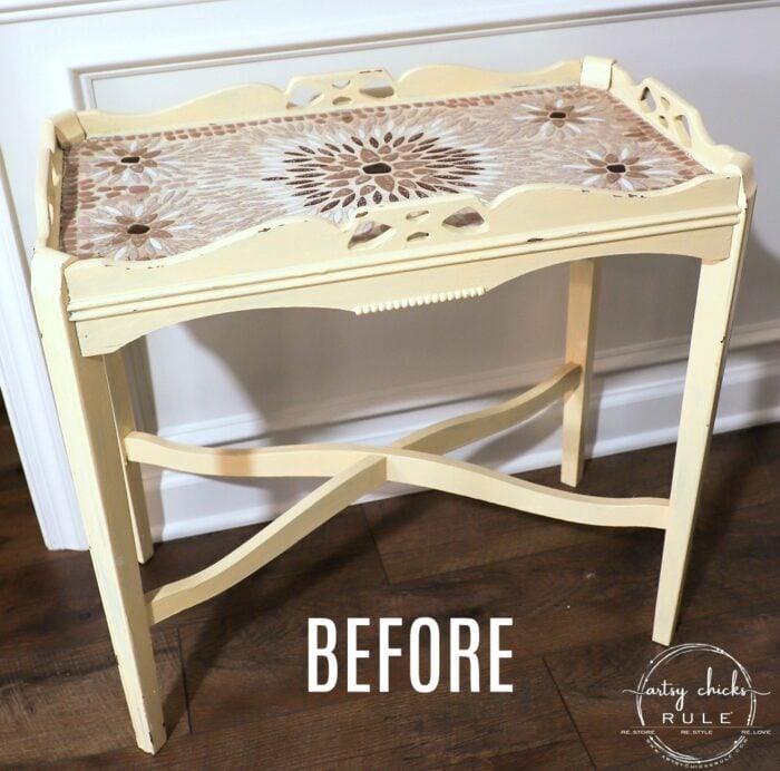 This old thrift store table had a dated tiled top! SO simply updated by painting!! The painted tiles look amazing now! artsychicksrule.com #paintedtile #paintingtiles #chalkpaintedfurniture #paintedfurniture #whitefurniture