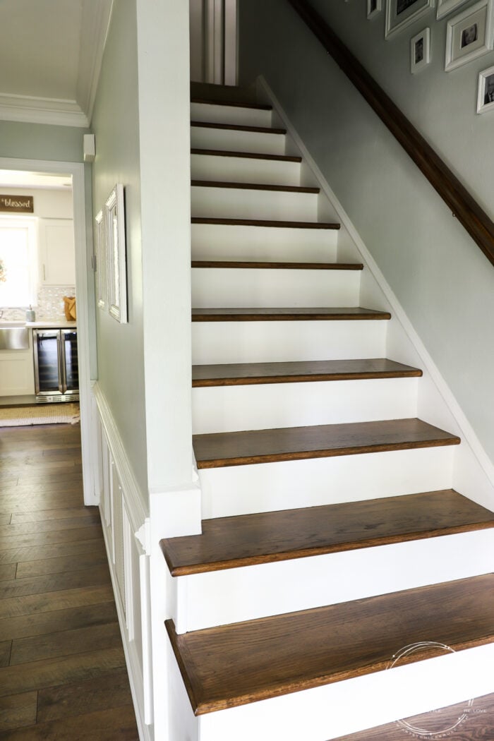 dark stained stairs with white risers