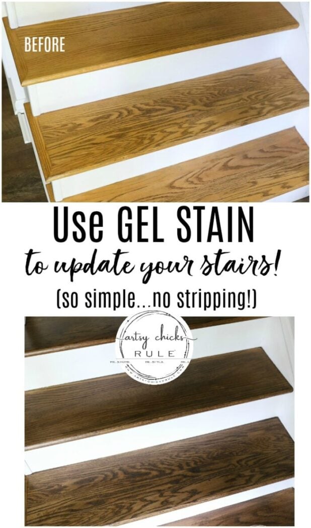 Update Stairs with Gel Stain (SO EASY...believe it!) artsychicksrule.com #gelstain #updatestairs #gelstainprojects #staircaseideas 