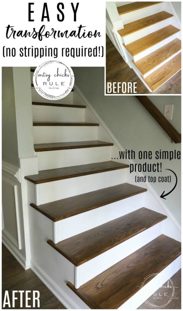 Update Stairs with Gel Stain (SO EASY...believe it!) artsychicksrule.com #gelstain #updatestairs #gelstainprojects #staircaseideas 