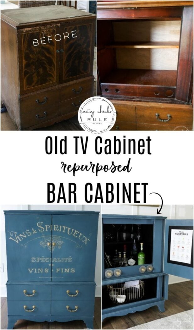 Retro TV Cabinet TURNED Bar Cabinet! Perfect for this!! artsychicksrule.com #barcabinet #retrotvcabinet #vintagetvcabinet #tvcabinetrepurposed #repurposedmakeover