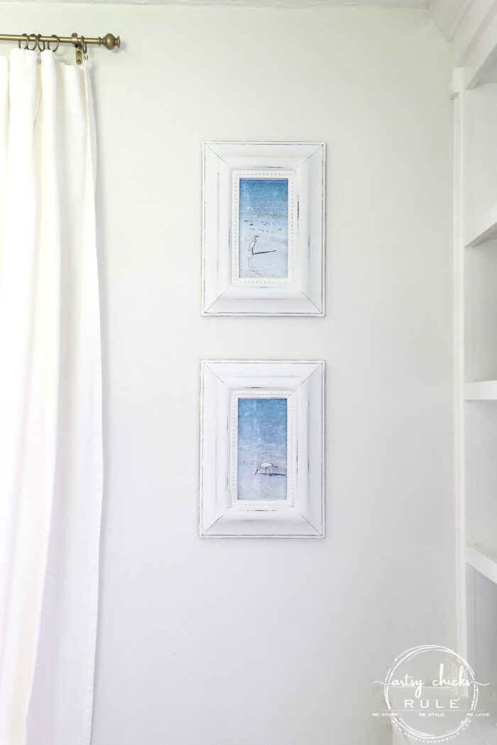 Thrifty Coastal Wall Decor the BUDGET FRIENDLY way! Find old prints at the thrift store (or reuse what you have) and give them new life! artsychicksrule.com #thriftydecor #diyprints #diyhomedecor #coastalwallart #coastalprints