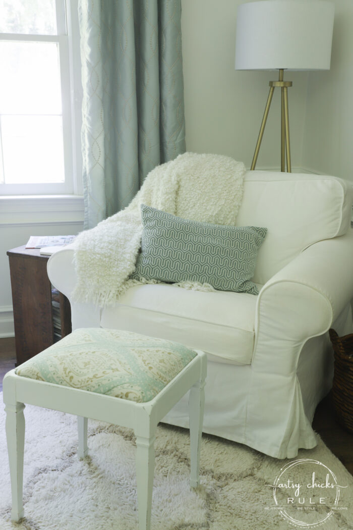 Vintage Footstool Makeover - with FABRIC and PAINT!! So simple! artsychicksrule.com #footstool #furnituremakeover #footrest