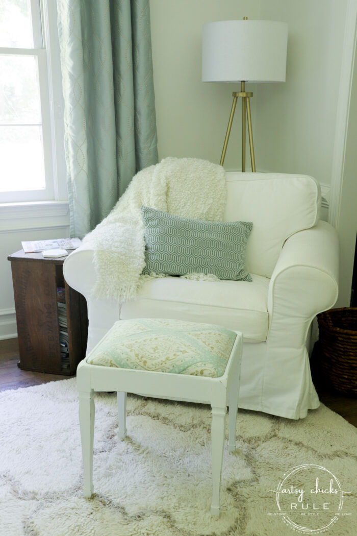 Vintage Footstool Makeover - with FABRIC and PAINT!! So simple! artsychicksrule.com #footstool #furnituremakeover #footrest