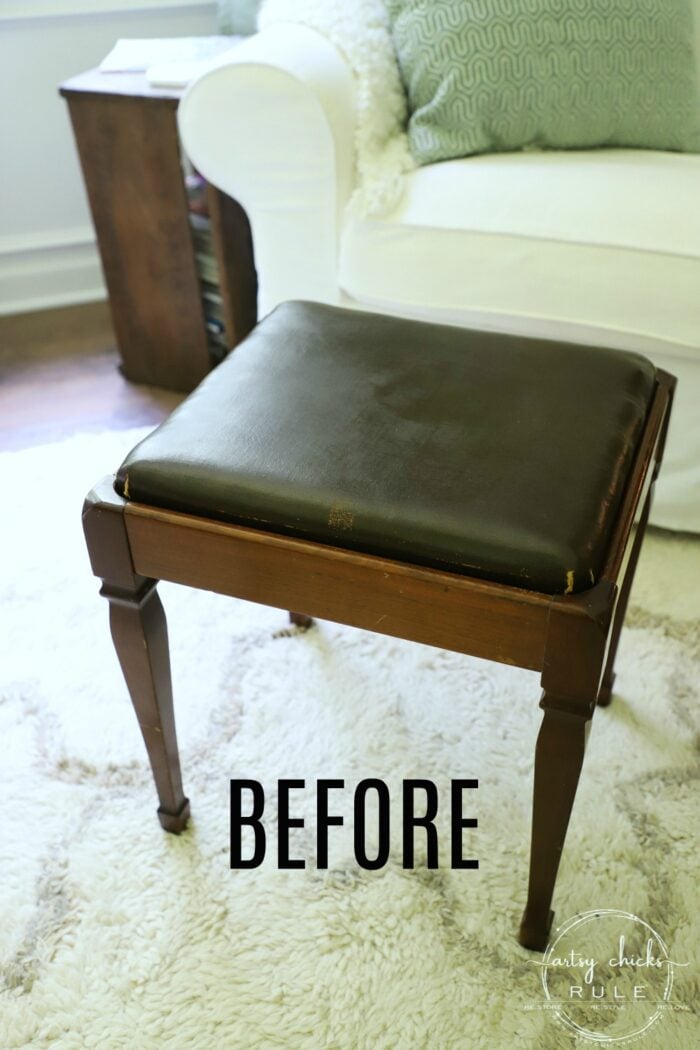 Vintage Footstool Makeover - with FABRIC and PAINT!! So simple! artsychicksrule.com #footstool #furnituremakeover #footrest